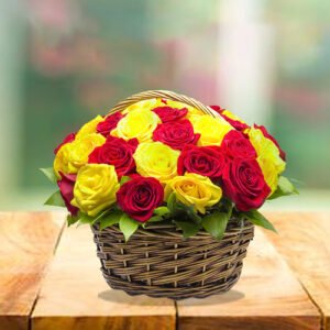 roses with yellow love basket